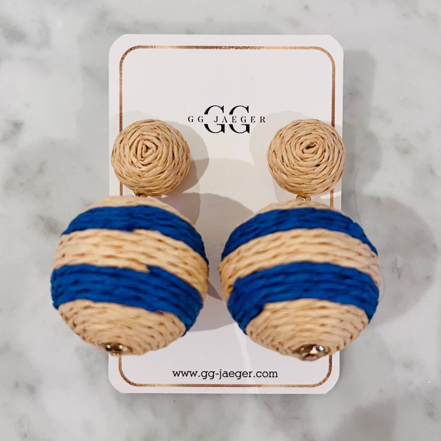 Rattan Blue Stripes Ball Drop Earrings